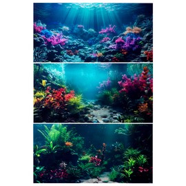 COMSUN 3 Pack Aquarium Background, 36x18 inches Polyester Aquarium Background, Cloth Fish Tank Background, Colorful Corals Aquatic Plants & Underwater Sunshines Rock
