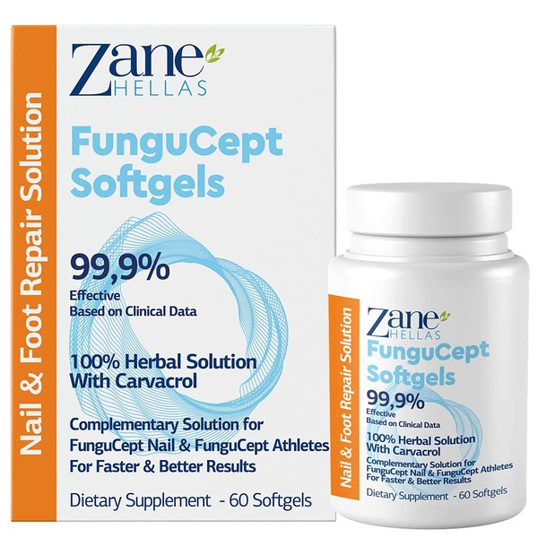 FunguCept Softgels Extra Solution to Improve Nails and Foot Problems in Athletes 100% Natural 108mg Carvacrol Faster and Better Results 60 Zane Hellas Softgels