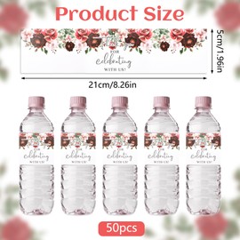 URROMA Wedding Water Bottle Labels, 50Pcs Red Flowers Wedding Wraps Sticker Wedding Date Labels for Bridal Shower Party Wedding Drinking Water Bottle Label