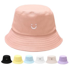 PythJooh Toddler Boy Girl Cute Smile Face Embroidery Bucket Sun Hat Kids Summer Sun Protection Cotton Beach Hats for 2-8Years Pink