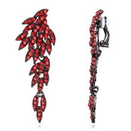 Clearine Clip-On Earrings Wedding Bridal Angel Wings Chandelier Long Drop Clip-On Earrings for Women Ruby Red Black Tone