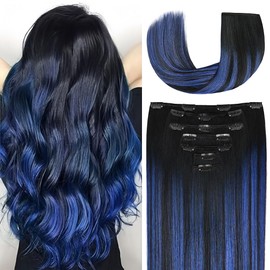 22 Inch Clip-in Hair Extensions Remy Human Hair for Women - Soft Handmade Real Human Hair Clip in Extensions, Straight, Thick, 165g 7pcs #(1B/Blue) T1B Color