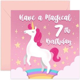 Old English Co. Happy 7th Birthday Card for Young Girl - Unicorn Illustration Seventh Birthday Card - Age Seven Card - For Daughter, Granddaughter, Niece, Sister, Goddaughter | Blank Inside Envelope
