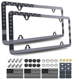BGGTMO American Flag License Plate Frames- Black Stainless Steel Car Tag Holder Printed with USA Flag Pattern, 4 Hole 2 Pack with Screws Caps Decals for Front Rear