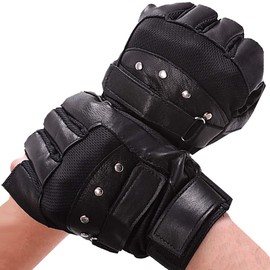 BUZZxSELECTION GB006 Men's Leather Gloves Fingerless Mesh Studded Motorcycle Survival Games (Black), Faux Leather Leather