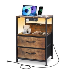 OUTONLIFE Nightstand with LED Dimmable Light & Charging Station, Narrow Bed Side Table with 2 Fabric Drawers, 2 USB Ports & AC Outlets, 3-Tier End Table with Storage Shelves for Bedroom, Living Room