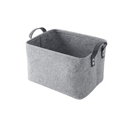 Light Grey Felt Storage Basket, Foldable Felt Storage Box, Felt Storage Box Without Lid, with Two Leather Handles, for Clothes, Towels, Toiletries, Books (33 x 24 x 20 cm)