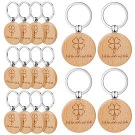 Zoyomax Pack of 16 wooden key rings, lucky charm, round key ring, wood, clover leaf lucky charm with engraving 'Ich bin stolz auf dich', lucky charm key ring for gifts, decoration etc, wood-coloured