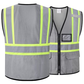 HATAUNKI Reflective Safety Vest for Men Women with Multi-Function Pockets and Front Zipper High Visibility Mesh Vest,Meets ANSI/ISEA Standards(Grey-33,3X-Large)