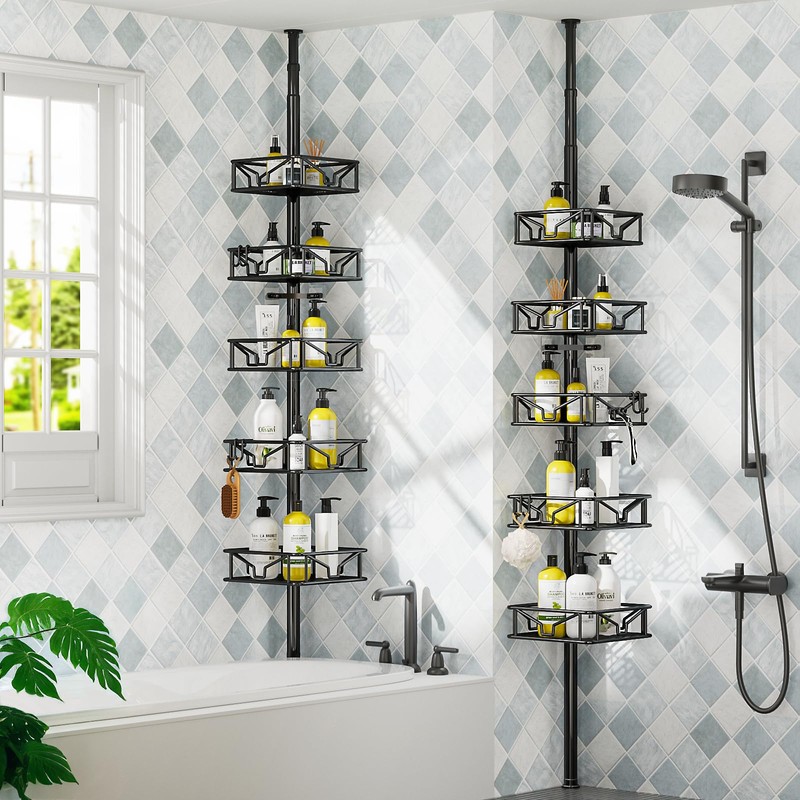 Skycarper 5 Tier Adjustable Corner Shower Caddy Organizer with Hooks,Rustproof
