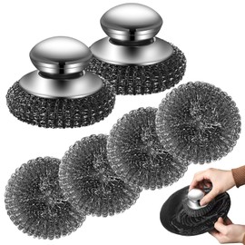 Stainless Steel Scourer With Handle, 2PCS Steel Wool Scrubber with 4 Replacement Pads, 10 CM Stainless Steel Scrubber, Big Metal Wire Wool for Cleaning Kitchen Pots Pans Grills Sink