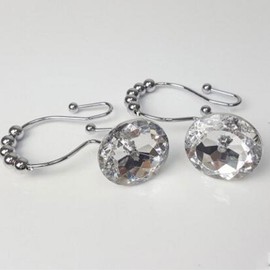 Shower Window Curtain Double Hooks，Stainless Steel Rustproof Crystal Rhinestones Gem Hooks 12-Pack. (Rhinestone White)