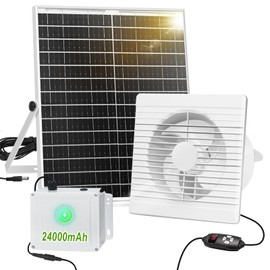 Solar Exhaust Fan with 24000mAh Battery Day & Night Work Fans, 25W 9.8" Solar Ventilation Fan for Chicken Coop with Timer, Waterproof Greenhouse Solar Powered Fan for Shed, Pet Houses, Outdoor Cooling