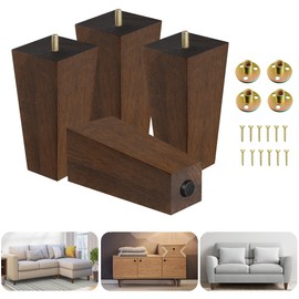 Yes4All 6 Inches Square Wood Furniture Legs Set of 4 - Wooden Replacement Feet for Couch, Bed, Bench - Adjustable Sofa, Ottomans Tapered Leg with Leveler - Brown Rubber Wood Parts for Table, Chair