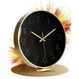 LATENO - Wall Clock for Standing or Hanging - Black Gold 20 cm - Silent - Classic and Modern - No Ticking Noise - For Living Room