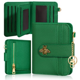 Bistup Wallet for Women Cute Small Card Wallet Genuine Leather Rfid with Keychain for Ladies Teen Girls Female Girly Aesthetic Green Designer Unique Kawaii Pretty Modern Bifold Credit Card Holder