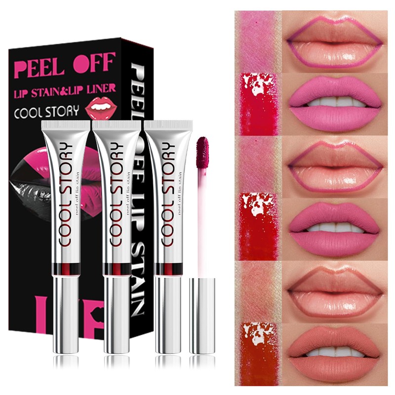 3Pcs Peel-Off Lip Stain & Lipliner Set - Waterproof, Long-Lasting,