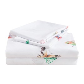 Bloom Studio Printed Sheet Set 4PC Colorful Butterfly Sheets King White Floral Bed Sheet Pattern Soft 15”Deep Pocket Microfiber Brushed Sheet,Easy Care, Breathable, Bed Sheet Set