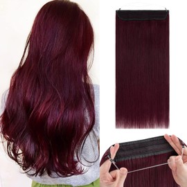 Benehair Human Hair Extensions Thick Ends Invisible Wire Real Human Hair with 2 Fish Lines Thicker Hairpieces Wine Red Hair Extensions Straight Thicker Hairpieces for women #99J 20inch 110g