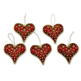 NOVICA Heart Shaped Dark Red Hanging Holiday Ornaments, Burgundy Heart' (Set of 5)