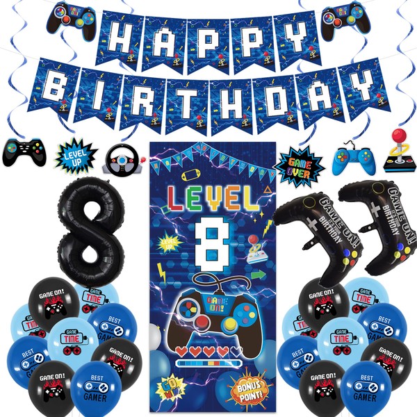 Vlipoeasn Blue 8th Birthday Decorations for Boys, Video Game Level