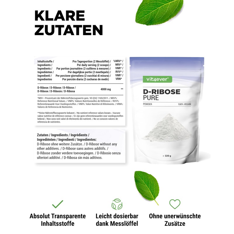 D-Ribose Powder - 320 g - 80 Daily Servings with