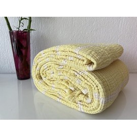 100% Cotton Muslin Striped Throw Blanket, 4 Layers Bedspread, Soft Turkish Cotton Muslin Bed Cover, Reversible Coverlet, Yellow (Throw 47x71-120x180cm)