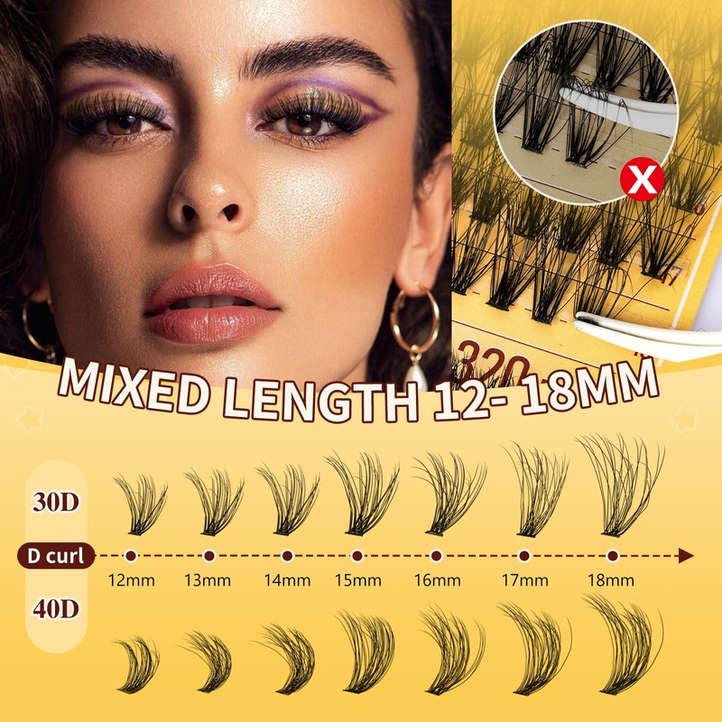 QUEWEL DIY Lash Extension Kit, 320Pcs 30D+40D 3D Clusters Mix