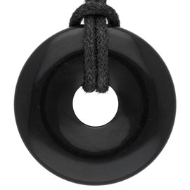 Lebensquelle Plus Onyx Gemstone Doughnut Diameter 30 mm + Cotton Cord Gemstone Pendant Genuine Healing Stone Necklace with Ribbon, Semi Precious Stone, Onyx