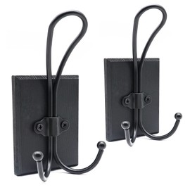 TEGUEPS Double Towel Hooks for Bathroom, 2 Pack Farmhouse Coat Hooks Wall Mounted, Heavy Duty Rustic Decorative Wood Wall Hooks Hanging Keys Robe Hat for Bedroom, Kitchen, Entryway (Black)