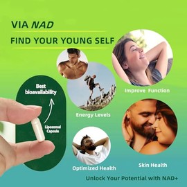 Renyqatt Suplemento NAD+ - Ribosida de nicotinamida liposomal - Suplemento para antienvejecimiento, energía, enfoque - 80 cápsulas (1B)
