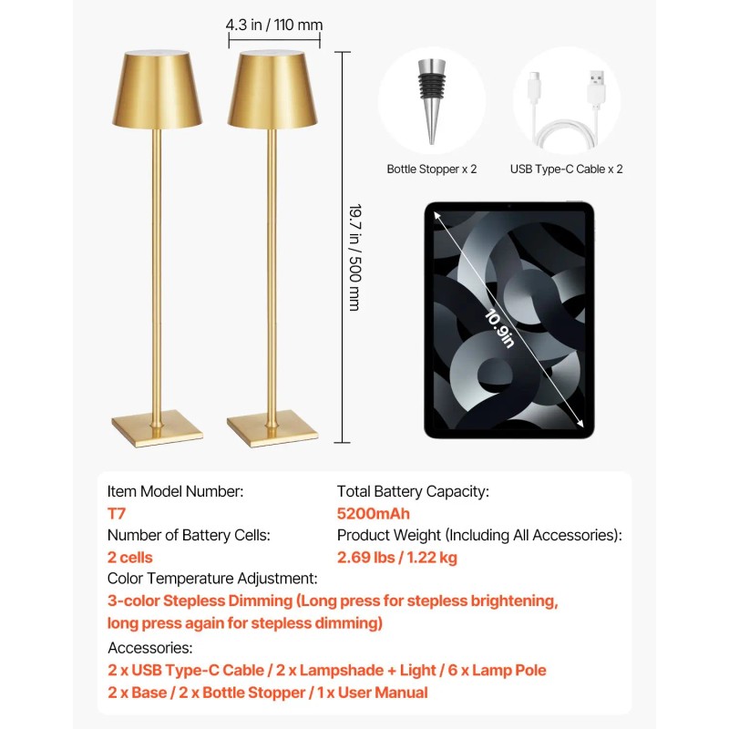 2 Pack Cordless Table Lamp with 5200mAh Rechargeable Battery Stepless