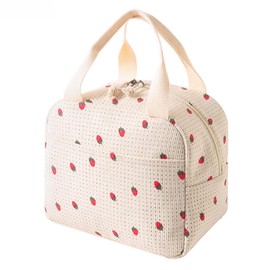 Lunch Bags for Women Insulated Reusable, Beige Strawberry Corduroy Lunch Box for Women - Leakproof Boite a Lunch Femme for Work/School/Picnic, Thermal Cooler Bag with Front Pocket