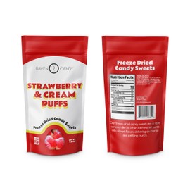 Raven Candy Strawberry & Cream Puffs Freeze Dried Candy, 1.5 oz Unique Candy Snack, Fruit Snack, Gluten-free, All-natural, Delicious Candy Alternatives ASMR