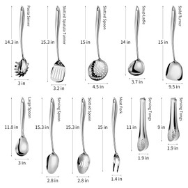 304 Stainlss Steel Kitchen Utensils Set, 11 Pcs Long Metal Cooking Utensil Gadgets Tools Set with Spatula, Spoon, Ladle, Skimmer, Tunner, Pasta Server, Tongs(Mirror Polished, Dishwasher Safe)