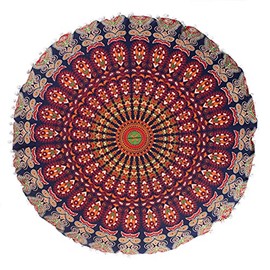 Popular Handicrafts Floor Pillow Cushion Cover - Hippie Mandala Cushion Cover Large with Pom Poms Soft Particles - Pouf Cover Round Bohemian Yoga Decor, 22" Navy Blue
