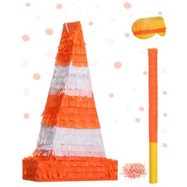 Traffic Cone Pinata - Orange Construction Theme Party Supplies for Kids Birthday Decor, Includes Stick, Blindfold, Confetti, 15.8 x 9.5 x 3.2 Inches