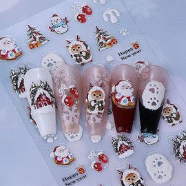 2 Sheets Embossed Christmas Nail Stickers for Nail Art Santa Claus Snowman Nail Decals 5D Self-Adhesive Xmas Cottage Tree Bell Gloves Nail Art Stickers Holiday Nail Designs Decoration for Women