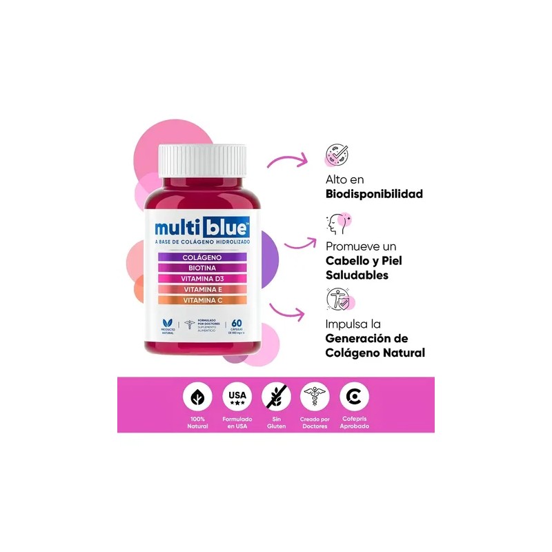 Multiblue Colágeno: Fortalece Piel, Uñas Y Cabello 60 Caps