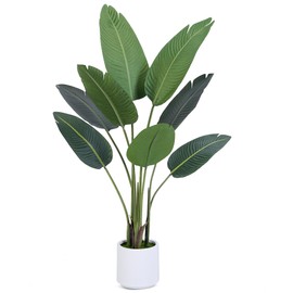 Bird of Paradise Artificial Plant, 4FT Faux Tropical Palm Tree Potted Plant with White Planter, Silk Fake Banana Leaf, Artificial Plants for Home Office Living Room Indoor Decor Housewarming Gift