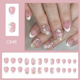 Colorful Flowers Press on Nails Short Oval Fake Nails With Glitter Designs White French Tip False Nails Full Cover Stick on Nails Floral Glue on Nails Spring Summer Artificial Nails for Women 24 Pcs
