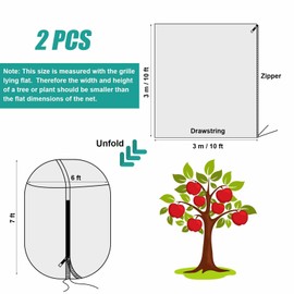 2pcs 10ftx10ft Large Fruit Tree Netting Bags, Bird Netting Cover for Protect Plant Mulch with Zipper and Drawstring Lightweight Mesh Net for Garden Vegetable Bush Protection (Green)