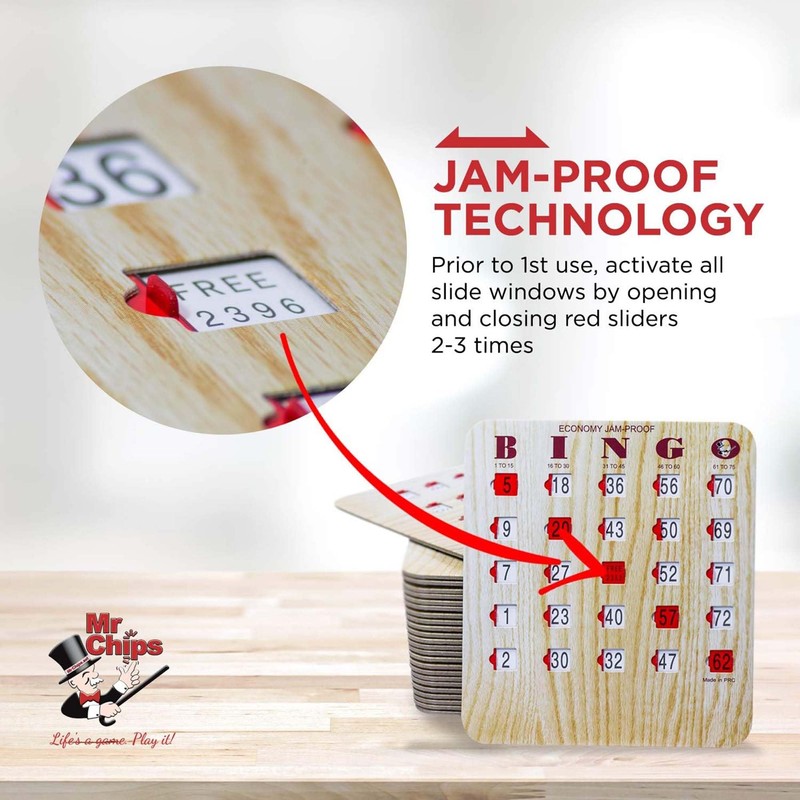 MR CHIPS Jam-Proof Bingo Cards with Sliding Windows, 50 Reusable