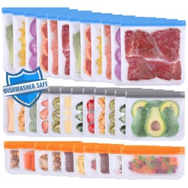 Lerine Dishwasher Safe Reusable Bags, Leakproof Reusable Freezer Bags, BPA Free Food Storage Bags for Lunch Marinate Food Travel (Multicolor, 34 Pack-12 Gallon 12 Sandwich 10 Snack)