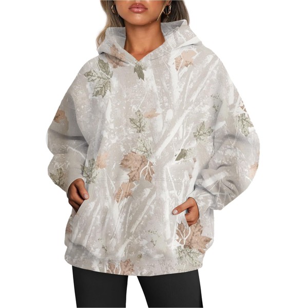 LifeShe Women Camo Hooded Sweatshirt Maple Leaf Print Oversized Pullover Hoodies with Kangaroo Pocket, Camel, Small