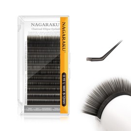 NAGARAKU Ellipse Flat Eyelash Extension Professional Double Split Tip Individual False Eyelashes for 1:1 Eyelash Extensions U-Shaped Design Charcoal Soft 12 Rows (0.15 mm L Curl 8-12 mm)