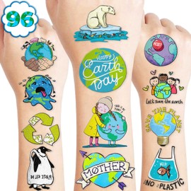 96 PCS Earth Day Environment Temporary Tattoos Birthday Themed Party Supplies Decorations Favors Decor Cute Green Save Planet Tattoo Stickers for Class School Prizes Gift for Kids Boys Girls Carnival