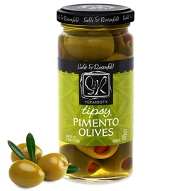 Sable & Rosenfeld Tipsy Olives - Green Olives Stuffed with Pimento - Colossal Cocktail Olives with French Vermouth for Bloody Mary Condiments, Martini Stuffed Olives - 4.94 oz (Pack 1)