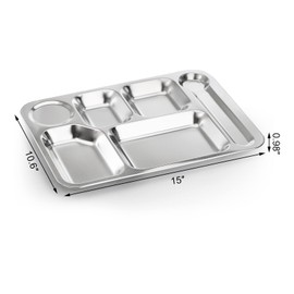 Fasmov 4 Pack Stainless Steel Rectangular Divided Dinner Tray, 6 Sections 304 Stainless steel Metal Plate for Adults, Picky Eaters, Campers, and Portion Control