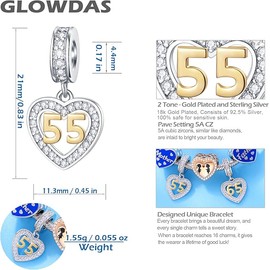 GLOWDAS 10 to 25  30 35 40 45 50 55 60 65 70  Birthday Charms, fit European Anniversary Bracelet/Necklace, Golden Number 925 Sterling Silver Heart Pendant with CZ, for Women/Men